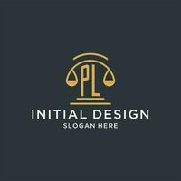 PL initial with scale of justice logo design template, luxury law and attorney logo design ideas vector