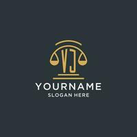 VJ initial with scale of justice logo design template, luxury law and attorney logo design ideas vector