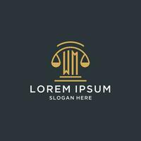 WM initial with scale of justice logo design template, luxury law and attorney logo design ideas vector