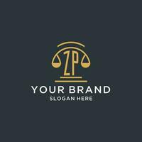 ZP initial with scale of justice logo design template, luxury law and attorney logo design ideas vector