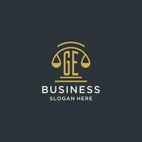 GE initial with scale of justice logo design template, luxury law and attorney logo design ideas vector