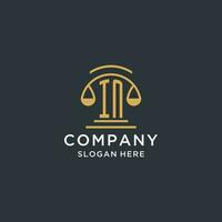 IN initial with scale of justice logo design template, luxury law and attorney logo design ideas vector