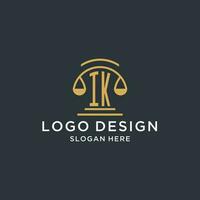 IK initial with scale of justice logo design template, luxury law and attorney logo design ideas vector