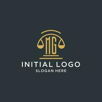 MG initial with scale of justice logo design template, luxury law and attorney logo design ideas vector