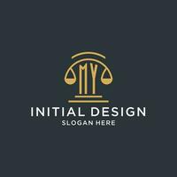 MY initial with scale of justice logo design template, luxury law and attorney logo design ideas vector