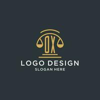 OX initial with scale of justice logo design template, luxury law and attorney logo design ideas vector