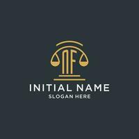 NF initial with scale of justice logo design template, luxury law and attorney logo design ideas vector