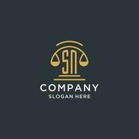 SN initial with scale of justice logo design template, luxury law and attorney logo design ideas vector