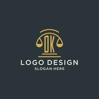 DK initial with scale of justice logo design template, luxury law and attorney logo design ideas vector