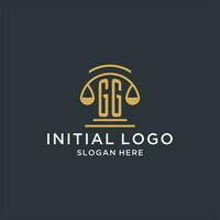 GG initial with scale of justice logo design template, luxury law and attorney logo design ideas vector