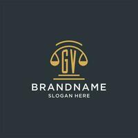 GV initial with scale of justice logo design template, luxury law and attorney logo design ideas vector