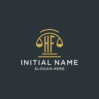 HF initial with scale of justice logo design template, luxury law and attorney logo design ideas vector
