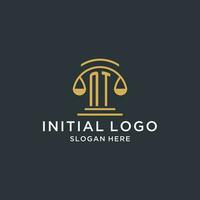 NT initial with scale of justice logo design template, luxury law and attorney logo design ideas vector