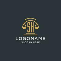 SH initial with scale of justice logo design template, luxury law and attorney logo design ideas vector