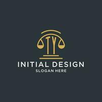 TY initial with scale of justice logo design template, luxury law and attorney logo design ideas vector