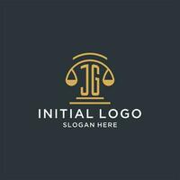 JG initial with scale of justice logo design template, luxury law and attorney logo design ideas vector