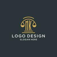 MK initial with scale of justice logo design template, luxury law and attorney logo design ideas vector