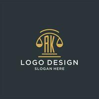 RK initial with scale of justice logo design template, luxury law and attorney logo design ideas vector