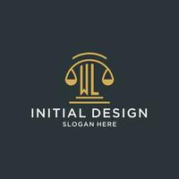 WL initial with scale of justice logo design template, luxury law and attorney logo design ideas vector