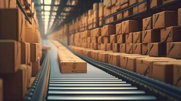 Cardboard boxes on conveyor belt being transported on conveyor belts in factory before delivering. Automated retail warehouse. Delivering packages in distribution logistics center. Generative AI photo