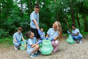 grupo de voluntarios limpieza arriba bosque desde desperdiciar, comunidad Servicio concepto foto