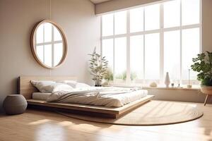 mínimo interior diseño dormitorio con beige acogedor tono estilo, Decorar con de madera cama, lámpara, blanco almohadas, mesa, y marrón tono fondo, vacío pared para burlarse de arriba y bandera, con generativo ai. foto