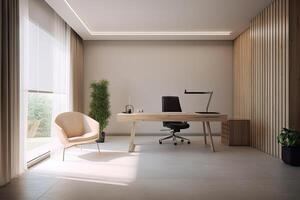 Minimal interior modern office space room with beige cozy tone style, decorate with armchair, desk, and row of computers, empty wall for mock up and banner, with . photo