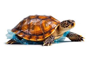 Close up sea turtle with plastic bag isolated on white background, Sea life marine wildlife, with . photo