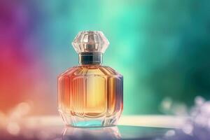 Close up of luxury perfume bottle with blurry bokeh light background, fragrance branding product for mock up, packaging design with . photo