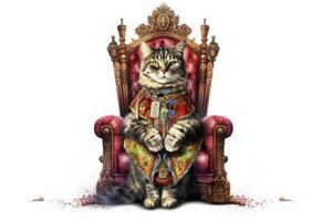 The Royal cat with luxury dress costume. Close up Portrait King cat with throne and crown isolated on white background. . photo