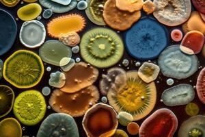 Colorful variety of microorganism inside petri dish plate in laboratory with super macro zoom background, including of bacteria, protozoa, algae, and fungi, with . photo