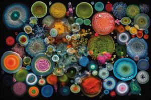 Colorful variety of microorganism inside petri dish plate in laboratory with super macro zoom background, including of bacteria, protozoa, algae, and fungi, with . photo