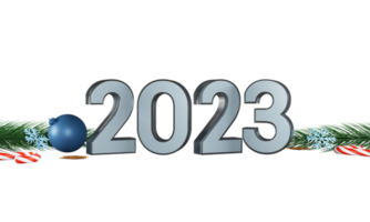 3D 2023 Number With Bauble, Snowflakes, Stars, Candy Cane And Fir Leaves. png