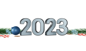 3d 2023 nombre avec babiole, flocons de neige, étoiles, bonbons canne et sapin feuilles. png