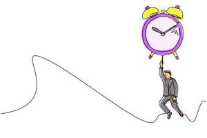 Continuous one line drawing happy businessman, manager or employee flying with big balloon alarm clock and hold rope. Time management business metaphor. Single line draw design vector illustration