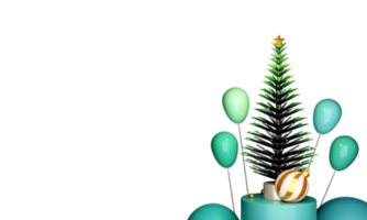 3D Render, Christmas Or Spruce Tree With Bauble Over Podium, Balloons. png