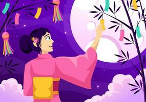 tanabata festival vector ilustración con personas vistiendo kimono y peonías flores en nacional fiesta plano dibujos animados mano dibujado plantillas