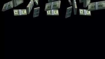 geld bundel vallend animatie Aan zwart achtergrond, dollar stack vallend 3d geanimeerd video