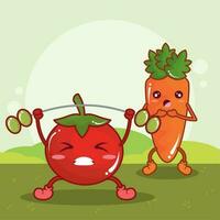 Cute tomato and carrot doing weightlifting Vector illustration