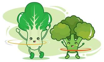 Cute spinach and broccoli vegetables playing together Vector illustration
