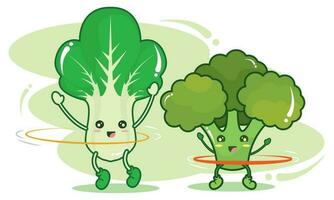 Cute spinach and broccoli vegetables playing together Vector illustration
