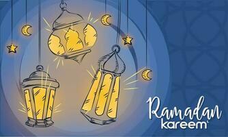 Colored Ramadan Kareem template with sketches of arab lamps Vector illustration