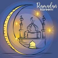 Sketch of a moon with an arab mosque building Colored Ramadan Kareem Vector illustration