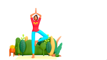Internationale yoga dag banier ontwerp met 3d tekenfilm vrouw beoefenen vrikshasana houding en natuur visie png