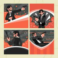 Social Media Set of Man in Black Suit Holding Gun vector