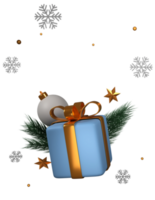 3D Render of Gift Box With Bauble, Golden Stars, Fir Leaves, Snowflakes. png