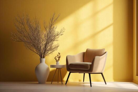 Minimal interior design living room with beige cozy tone style, decorate with armchair, vase, branches tree, and pastel background with shadow, empty wall for mock up and banner, with . photo