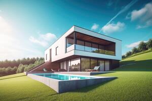 Modern Nordic house style on grass hill with pool and beautiful background, relaxation time, villa house concept, Architecture design for family, beautiful sweet home with . photo