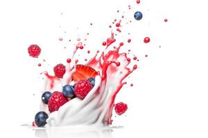 Strawberries and berries milk smoothie splash isolated on white background, creamy yogurt, dessert sweeties dipped products, with . photo