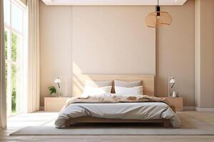 Minimal interior design bedroom with beige cozy tone style, decorate with wooden bed, lamp, white pillows, table, and brown tone background, empty wall for mock up and banner, with . photo